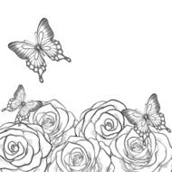 Beautiful black and white card with flowers roses butterflies N2