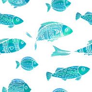 Seamless pattern with watercolor fish Doodle style Vector