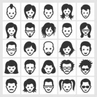 Different People Faces and Hairstyles black &amp; white icon set N2