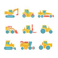 Set modern flat icons of tractors farm and buildings machines