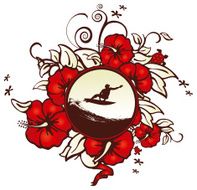 Surfing emblem with hibiscus