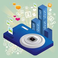 Compact camera with skyscrapers isometric