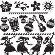 Set of Hawaiian dancers and musical instruments