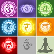 The seven Chakras and grey sitting lotus position silhouette
