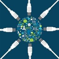 Social icon set circle shape surrounded by USB wires