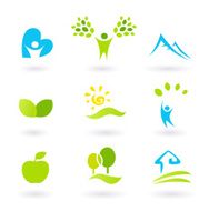 Nature landscape people and organic Icons Symbols - green blue