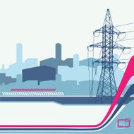 High-voltage tower silhouette on the abstract urban background