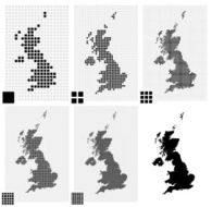 Dotted maps of the United Kingdom in different resolutions