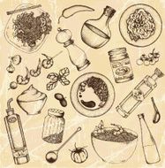 Drawing of food and cooking items on light brown N2