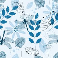 Vector Seamless Pattern of Blue Flowers and Leaves