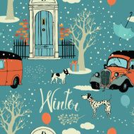 Dogs vintage cars snow and winter trees Seamless background