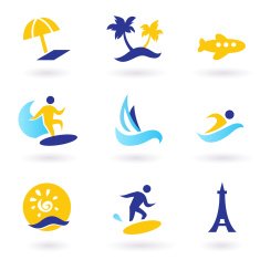 Retro summer travel and water sports icons - blue yellow