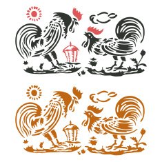 roosters in farm scenery