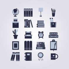 Educational library studyng and shelf decoration icons set N2