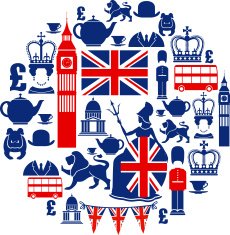 Set of British themed icons in blue and red N2