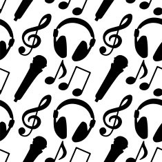 Seamless pattern with music notes treble clef microphone headphones N4