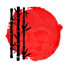 Watercolor red circle paint stain bamboo trees silhouettes