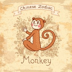 Vintage card with Chinese zodiac - Monkey