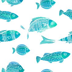 Seamless pattern with watercolor fish Doodle style Vector