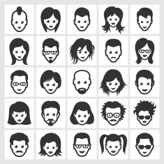 Different People Faces and Hairstyles black & white icon set N2