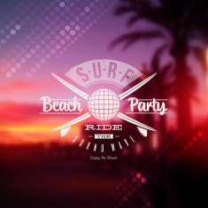 Surf beach party type sign against a tropical sundown background