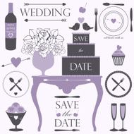 Vector collection of wedding and dinner elements in lavender colors