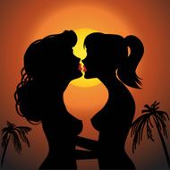 Two silhouette women about to kiss each other at sunset N2
