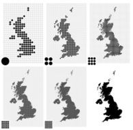 Dotted maps of the United Kingdom in different resolutions N2