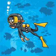 Cartoon Diver surrounded by fish silhouettes
