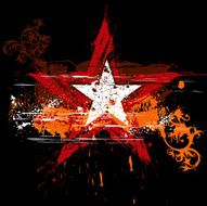 red star on black background and orange grunge flowers ornament