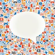 Speech bubble surrounded by social media icons