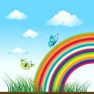 Meadow green summer rainbow and butterflies