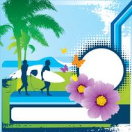 Tropical Beach with Surfers and Vegetation