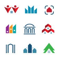 Real estate construction building in city community center logo icon