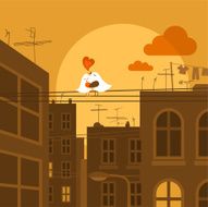 Urban love Cute bird city sunset illustration vector N2