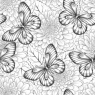 beautiful black and white seamless pattern with flowers butterflies N2