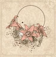 Vintage frame with blooming lilies and heart