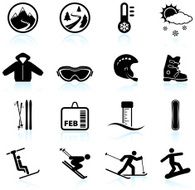 Winter skiing vacation black & white vector icon set
