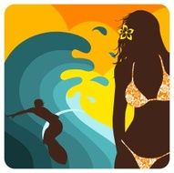 Surf love Sexy girl and surfer guy Couple illustration
