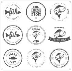 Set of made with fish stamps labels and badges