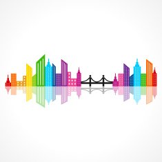 Abstract colorful building design with bridge