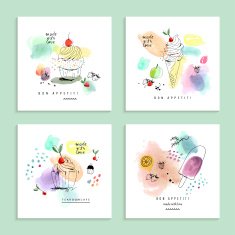 Watercolor art with cupcakes and ice cream Four creative cards N2