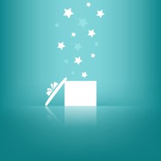 White gift box with stars on blue background