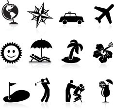 vacations and travel black & white vector icon set