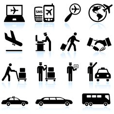 Flight status and Airport arrival black & white icon set N2