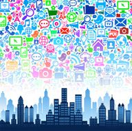 City Buildings on Modern Tech & Communication Background N3