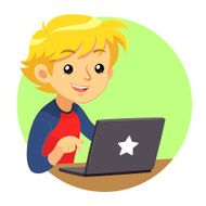 Boy Wearing Red And Blue Shirt Using Dark Grey Laptop N2