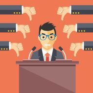 Speaker and thumbs down Businessman at rostrum Bad speaker