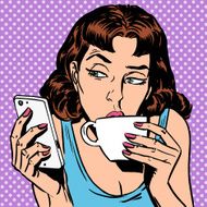 Tuesday girl looks at smartphone drinking tea or coffee