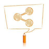 Orange Pencil Drawing Share Icon in Skewed Rectangular Speech Balloon N2
